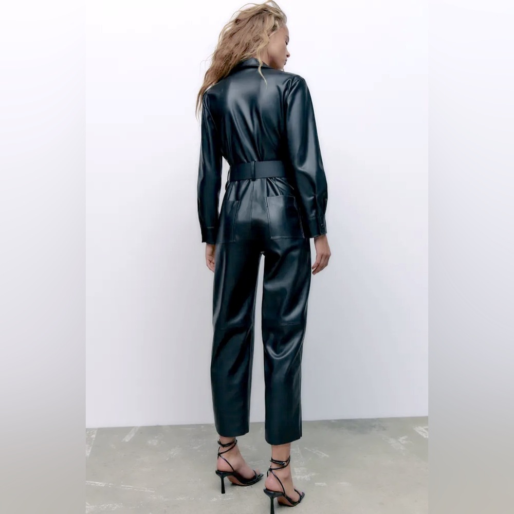 Zara FAUX LEATHER JUMPSUIT V-neck Long Sleeves Front & Back Patch Pockets NEW - Picture 7 of 10